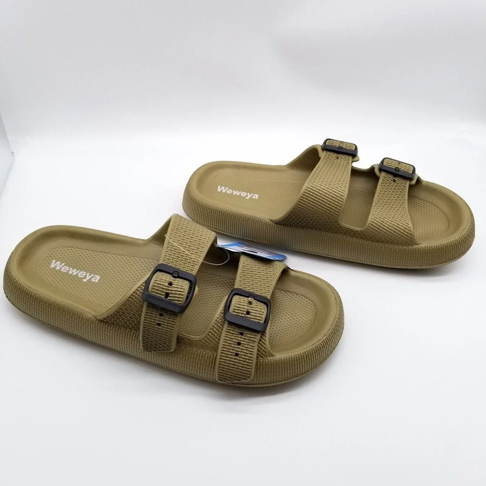 Weweya Men  Sandals‎ Pillow Slippers Size 42-43 US 8.5/9.5  Double Buckle Olive